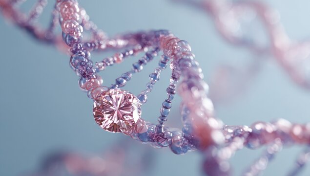 Pink and purple DNA double helix with a central,faceted gemstone