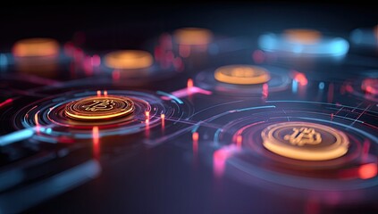 Abstract digital display of interconnected circles and glowing coins