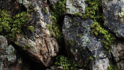 Close-up view of textured rocks covered in moss