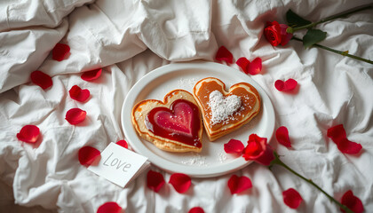 Realistic photo of cozy breakfast-in-bed scene with heart-shaped pancakes, love notes, and red rose petals. Perfect for lifestyle