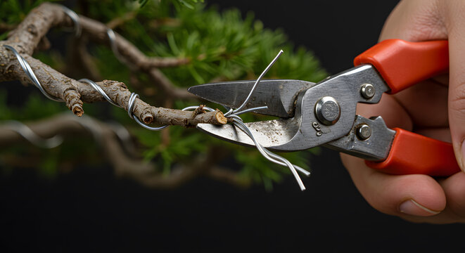 Close-up of hands cutting shaping wire from a bonsai tree branch with wire cutters during maintenance.