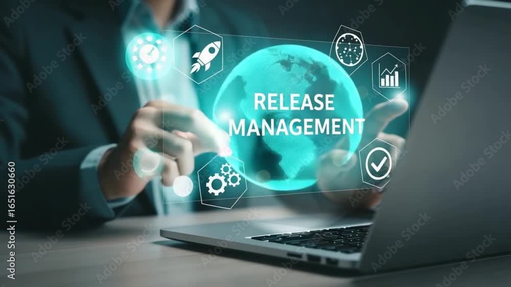 Poster person interacting with release management interface on laptop display with icons and text overlayed