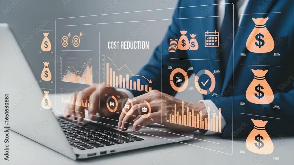 Poster man typing on laptop with overlayed cost reduction charts and graphs in a business setting scene