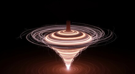 A spinning top with light trails against a dark background creating a dynamic and mesmerizing effect