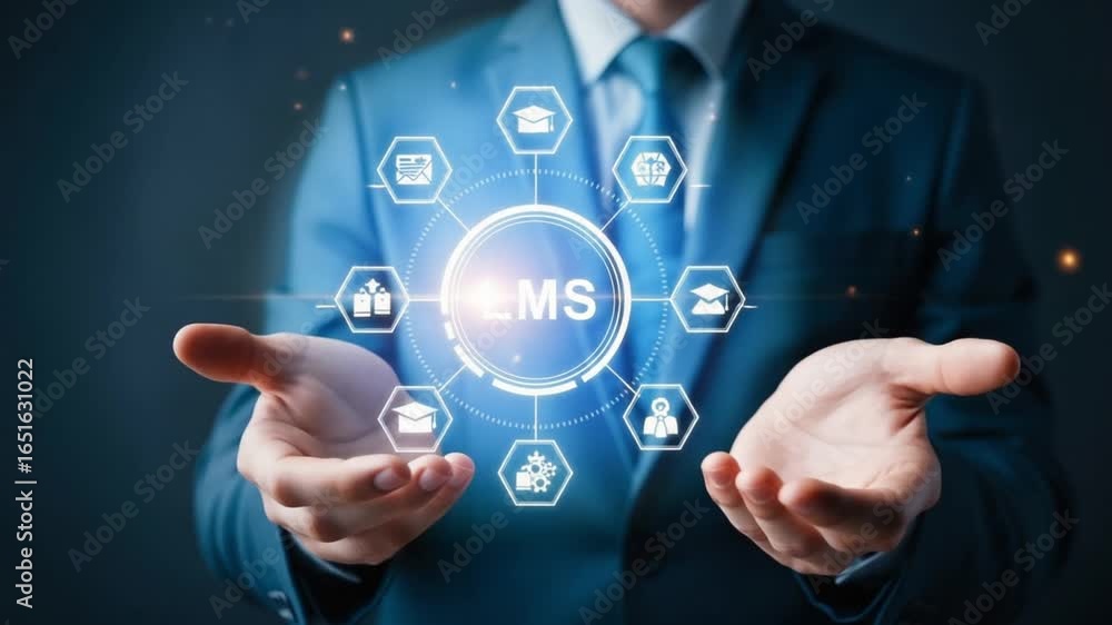 Poster man in suit presenting lms system with icons of education and learning in a digital interface
