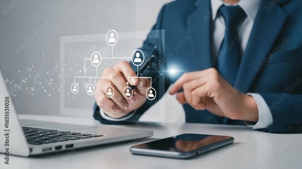Poster man in suit using pen on virtual organizational chart with laptop and phone on a white table