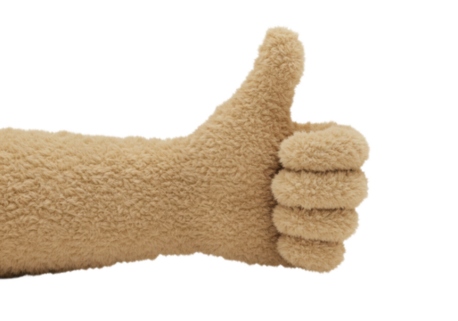 Positive gesture of a plush hand indoor setting soft texture concept of encouragement isolated on transparent background