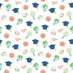 Seamless Education Pattern with Graduation Cap, Globe, and School Icons Vector Illustration