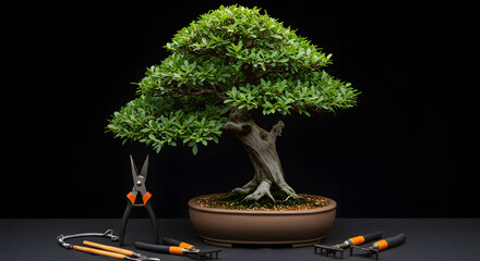Bonsai Tree and Gardening Tools on Black Background