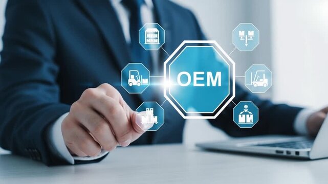Man in suit interacting with oem interface on laptop showing supply chain icons and blue octagon