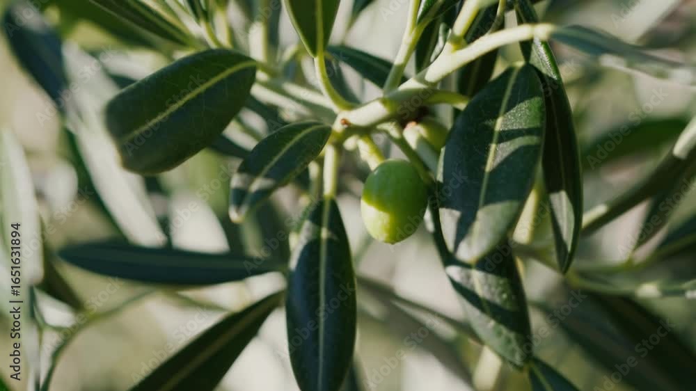 Poster close up of olive tree branches with green olives under sunlight, captured in a nature setting. the 