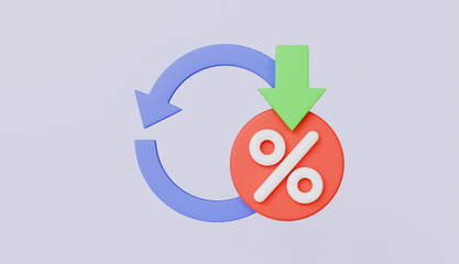 Percentage symbol with a downward arrow, Financial savings and improved terms, Interest rate reduction, Lowered charges
