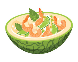 Fresh Seafood Salad with Shrimp, Limes and Herbs in a Melon Bowl - Vector Illustration