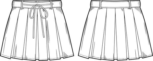 pleated skirt with drawstring waistband front and back view, cad drawing flat vector illustration, pleated skirt with plain waistband, apparel garment construction, fashion design template