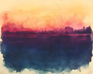 Vibrant Abstract Watercolor Landscape with Urban Silhouette at Sunset, Evoking a Vintage Artistic Feel on Textured Paper.
