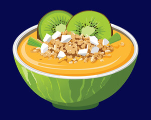 Delicious Fruit Smoothie Bowl Topped with Nuts and Seeds - Vector Illustration