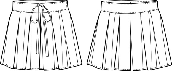 pleated skirt with tie waistband front and back view, cad drawing flat vector illustration, pleated skirt without tie, apparel garment construction, fashion design template