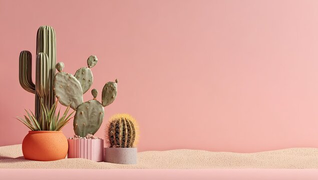 Three stylized cacti and a succulent in terracotta and pink pots sit on a sandy dune against a pale pink background - Powered by Adobe