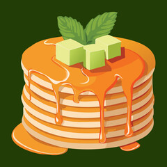 A Stack of Pancakes with Sweet Syrup and Melon Cubes - Vector Illustration