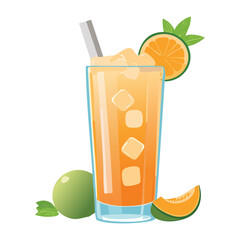 Sweet Cold Drink with Ice Cubes and Orange Slices - Vector Illustration