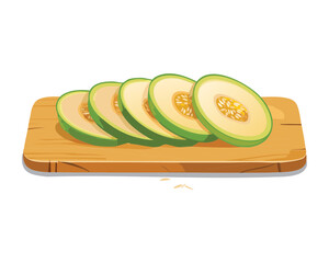 Slices of Fresh Green Cantaloupe on a Wooden Board - Vector Illustration