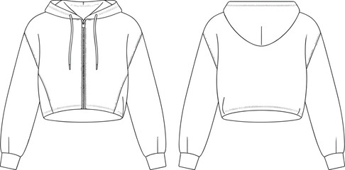 cropped hoodie front and back view, cad drawing flat vector illustration, zip front closure, drawstring hood, long sleeves cuffs, casual garment construction, apparel design template