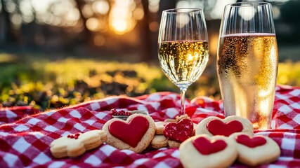 Romantic Valentine's Day Picnic with Champagne and Heart-Shaped Cookies outdoors at sunset - Powered by Adobe
