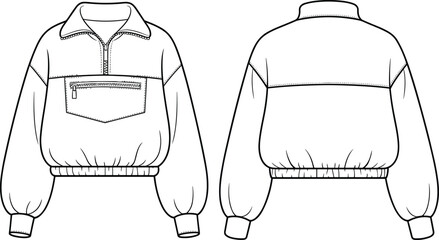 jacket front and back view, cad drawing flat vector illustration, half zip collar, large front zipper pocket, elastic cuffs waistband, long sleeves, fashion garment design template © Ideasy Mind