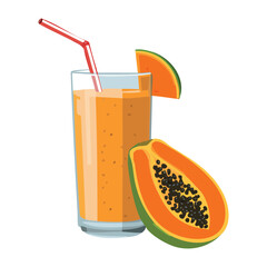 A vibrant juice in a glass with papaya and melon slices on the side - Vector Illustration