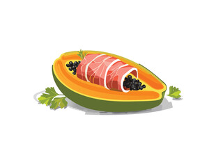 Papaya Half with Ham and Fresh Herbs on Plate - Vector Illustration
