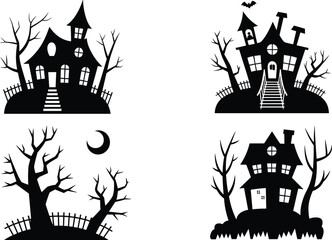 Haunted house silhouettes with spooky trees, crescent moon, bats, broken fences, eerie Halloween vector set in black and white spooky illustration style