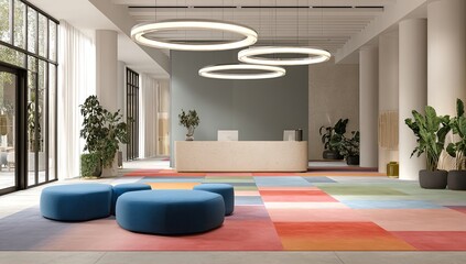 Modern lobby with colorful patterned carpet, minimalist reception desk, round pendant lights, and plush blue & teal seating