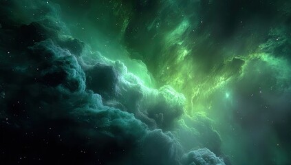 Fototapeta premium A vibrant, swirling nebula in shades of deep teal and luminous lime green, punctuated by distant starlight