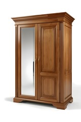 Brown wood bedroom wardrobe with mirror isolated on white background