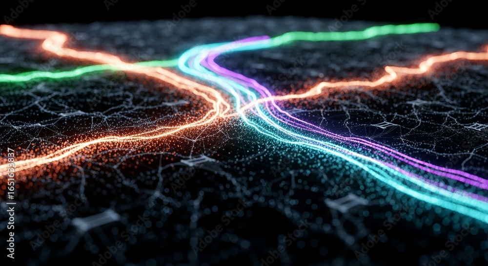 Poster abstract network with glowing lines and connected dots on a dark background in a blurred perspective
