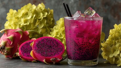 Refreshing dragon fruit cocktail with flowers, ice, and straws on a table