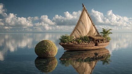 Dreamy scene of a boat sailing on calm waters near an island with lush vegetation