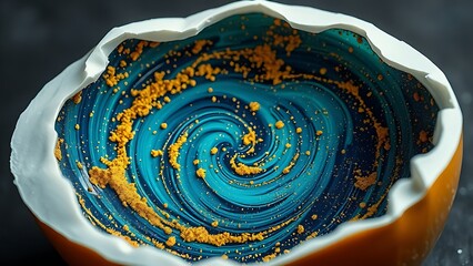 A cracked egg revealing swirling blue and gold galaxy-like cholesterol patterns.