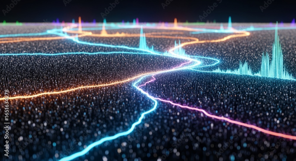 Poster abstract landscape with glowing lines and peaks on a textured dark surface in a futuristic style