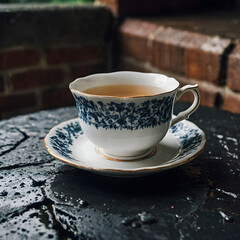 Tea Cup Serenity: A beautifully decorated teacup and saucer, filled with a steaming brew, sits invitingly on a dark, textured surface. Capturing a sense of tranquility.