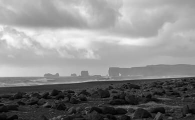 Black and White of Black Sand Beach Scenes from Travel through Remote Iceland