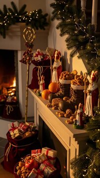 Sinterklaas decorations on a fireplace mantel. Traditional Dutch holiday scene with gifts, sweets, and Saint Nicholas figures for a cozy celebration.