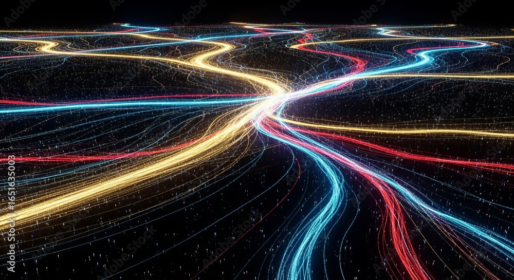 Poster abstract rendering of glowing lines in blue yellow and red on a dark background with small particles