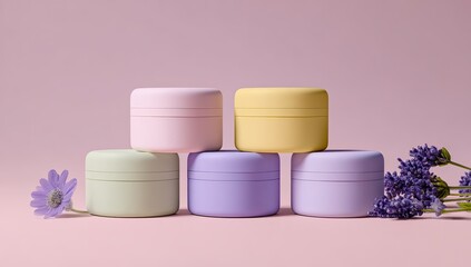 Pastel-colored cosmetic jars arranged in a pyramid on a pink background, flanked by a purple flower sprig and a single daisy