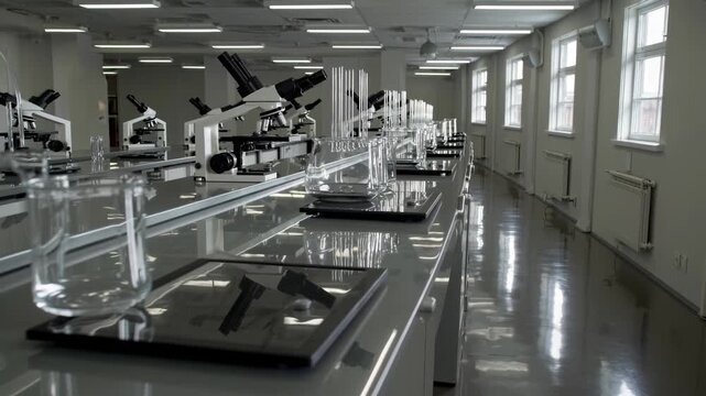 Camera Dollying in a Quiet Laboratory with Row of Microscopes and Empty Beakers on a Shiny Surface, Featuring Natural Daylight Through Windows