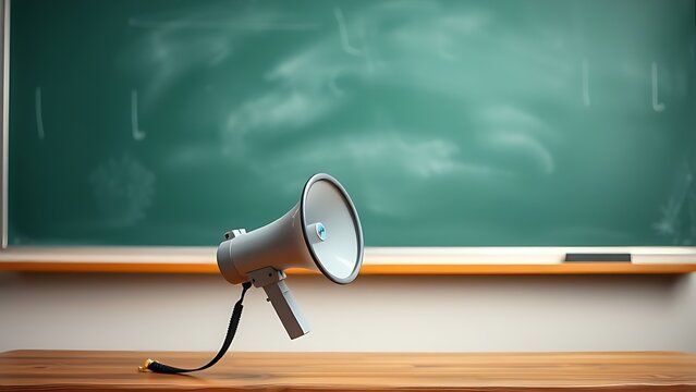 Megaphone positioned before a blank blackboard, representing communication and learning in a simple setting.