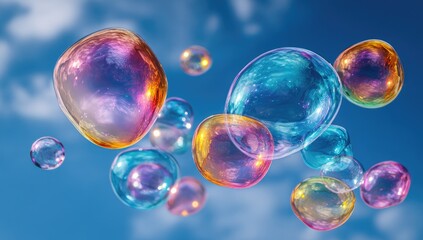 Multicolored iridescent soap bubbles of varying sizes float against a bright blue sky with fluffy white clouds