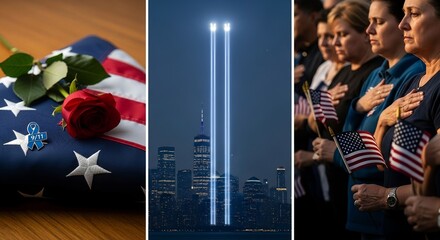 A collage showing remembrance of september eleventh with flags and lights