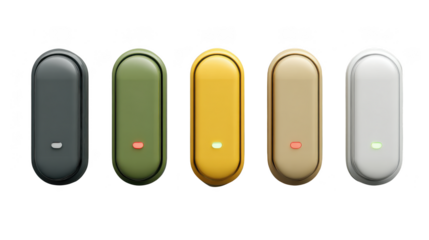 Row of five different colored smart home devices
