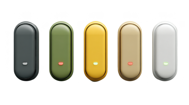 Row of five different colored smart home devices